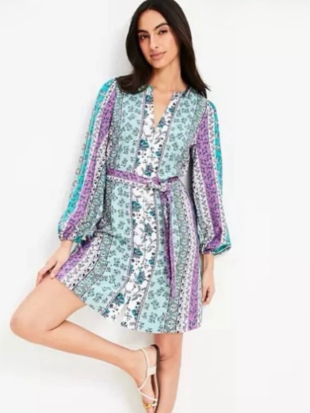 LOFT Mint & Lavender Floral Stripe Tie-Waist Mini Dress